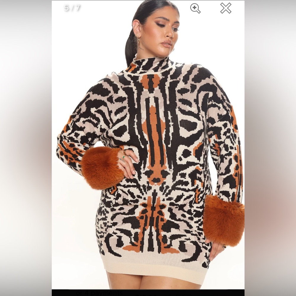 Tiger print sweater dress with faux fur cuffs